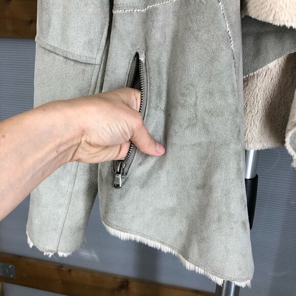 Fantazia Taupe Faux Suede & Cream Faux Fur‎ Lined Cardigan Open Jacket Sz M - Picture 5 of 10